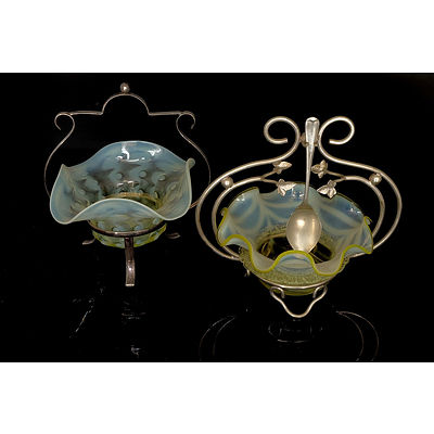 Two Victorian Vaseline Glass and EP Mounted Bonbonniere