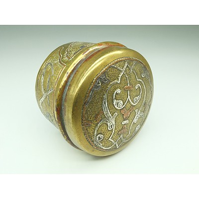 Cairo Ware Silver and Copper Inlaid Brass Box Egypt or Damascus, Early 20th Century