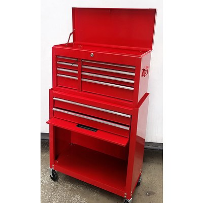 Pair of 4-Drawer Chest and 2-Drawer-Cabinet Roller Work Station - Demonstration Model - Red