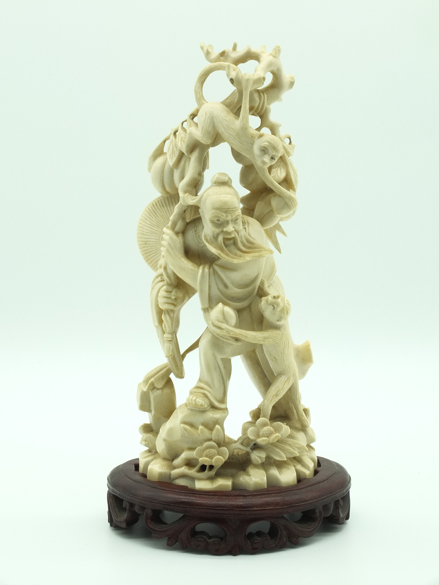 'Chinese Elephant Ivory Figure of a Scholar and Monkeys Early 20th Century'