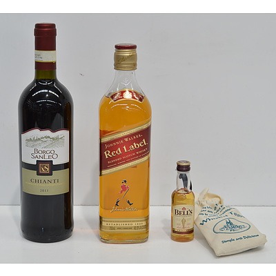 Johnnie Walker Red Label Blended Scotch Whiskey, Bell's Blended Scotch Whiskey and Borgo SanLeo Chianti 2011
