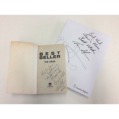 Autographed "Best Seller" book by 2CC's Tim Shaw along with a set of individually signed steak knives from the man himself