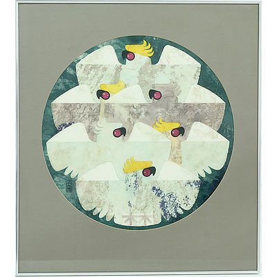 Cornel Swen (1930-) Sulphur Crested Cockatoos, Dye on Washi Paper