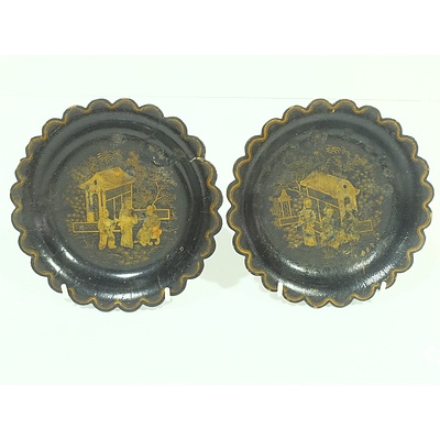 Pair of Chinese Export Black Lacquer and Gilt Lobed Dishes Circa 1900
