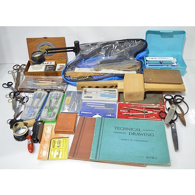 Group of Technical Drawing Equipment Including, Calligraphy, Pens, Geometry Set, and More