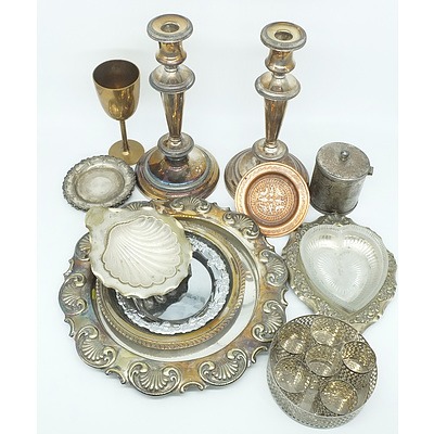 Group of Silver Plate, Including Walker and Hall Napkin Rings, Old Sheffield Reproduction Candle Sticks, Scuttle and More