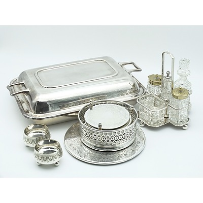 Silver Plate and Cut Glass Cruet Set, Pair of Silver Plate Open Salts, Strachan Coasters, LH&S Silver Plate Meat Cover