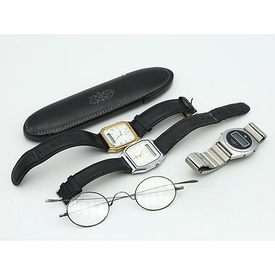 Three Gents Wrist Watches Including Casio, MSC and Pulsar and a Pair of Leather Bound Glasses