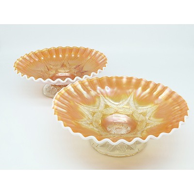 Two Vaseline Tipped Marigold Carnival Glass Footed Bowls with Crimped Edges