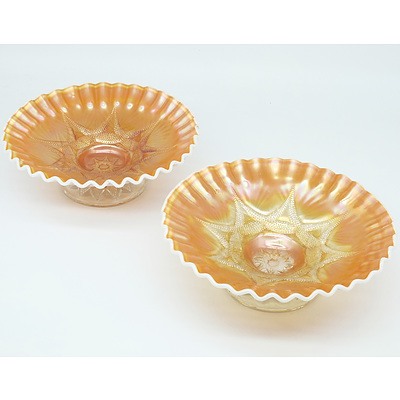 Two Vaseline Tipped Marigold Carnival Glass Footed Bowls with Crimped Edges