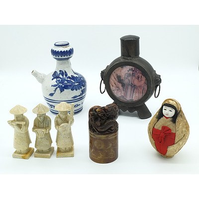Stoneware Kendi, Soapstone Dragon Seal, Three carved Figures and More
