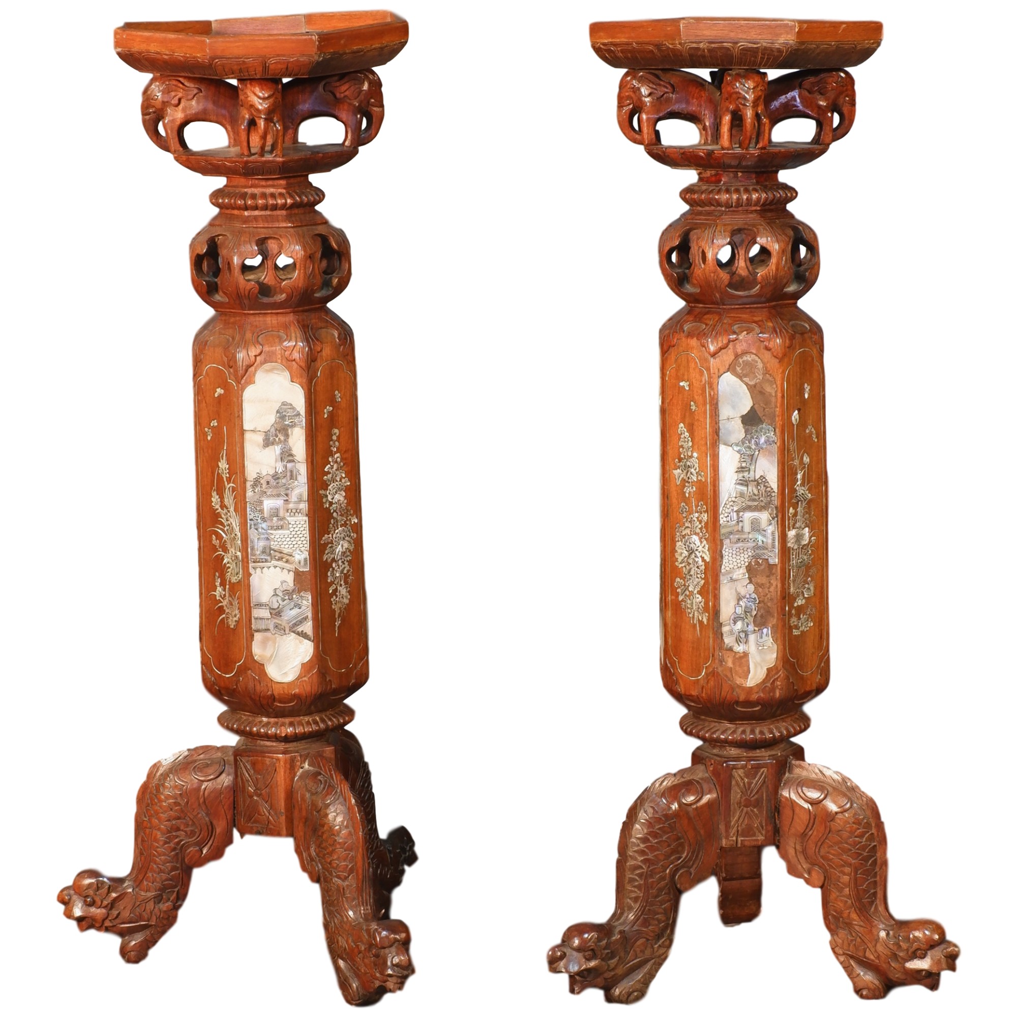 'Pair of Antique Chinese Carved Rosewood and Pearl Shell Inlaid Incense Stands'