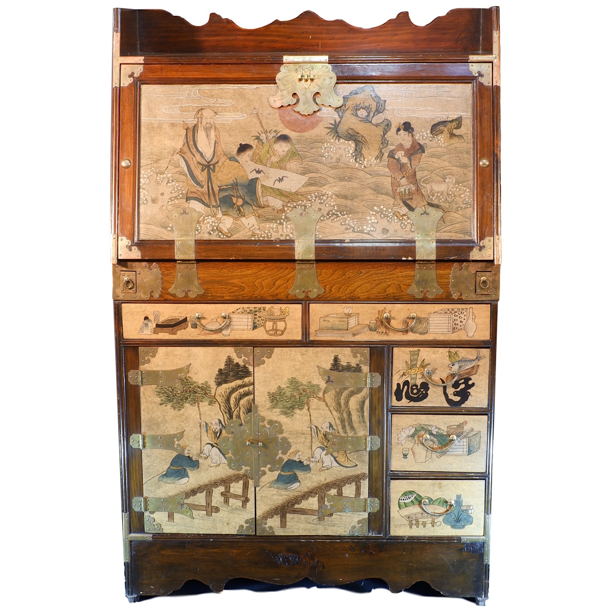 'Korean Brass Bound and Polychrome Lacquer Decorated Bureau'