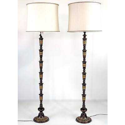 Pair of Korean Brass Floor Lamps with Silk Shades