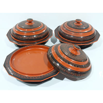 Set of 6 Burmese Lacquer Covered Dishes 20th Century