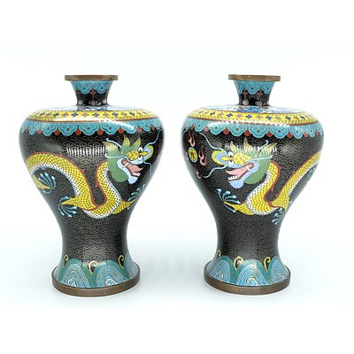 Pair of Chinese Cloisonne Dragon Vases Early 20th Century