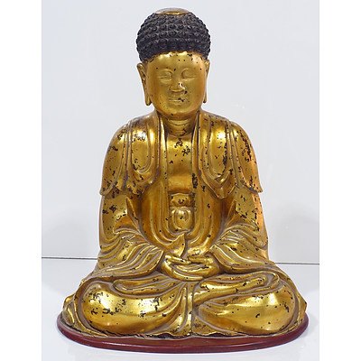 Vietnamese Gold and Red Lacquered Carved Wood Figure of Buddha Shakyamuni in Dhyan Mudra