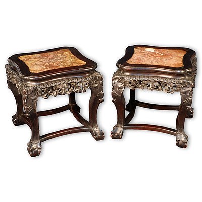Pair of Antique Chinese Export Carved and Stained Hongmu and Marble Inset Low Tables, Late 19th to Early 20th Century