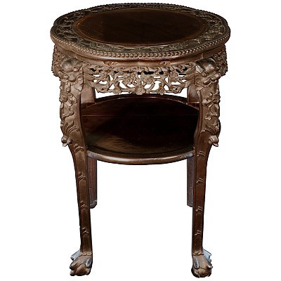 Antique Chinese Export Carved and Stained Hongmu Tiered Lamp Table, Late 19th to Early 20th Century