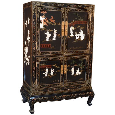 Chinese Black Lacquer Cabinet with Carved Shell and Bone Embellishment 20th Century