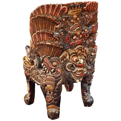 Exceptional Balinese Carved and Polychrome Lacquered Wood Ceremonial Chair Early to Mid 20th Century