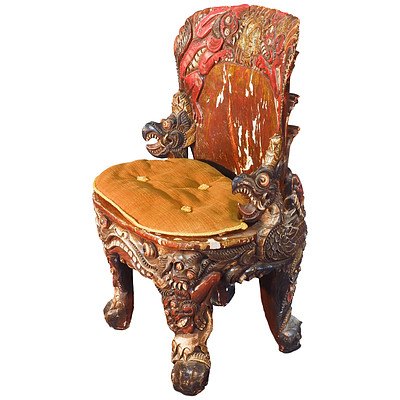 Exceptional Balinese Carved and Polychrome Lacquered Wood Ceremonial Chair Early to Mid 20th Century