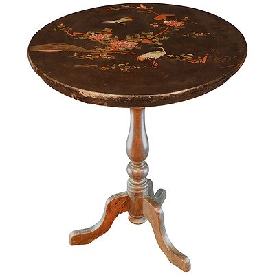 Antique Chinoiserie Style Tripod Wine Table with Lacquer Decorated and Pearl Shell Inlaid Top, Late 19th Century