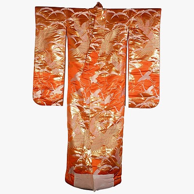 Vintage Japanese Wedding Kimono Orange Satin Ground with Gold and Silver Metal Thread Brocade