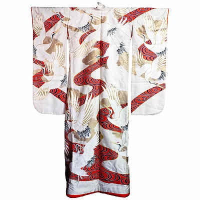 Vintage Japanese Wedding Kimono Cream Ground with Printed and Metal Thread Embroidery