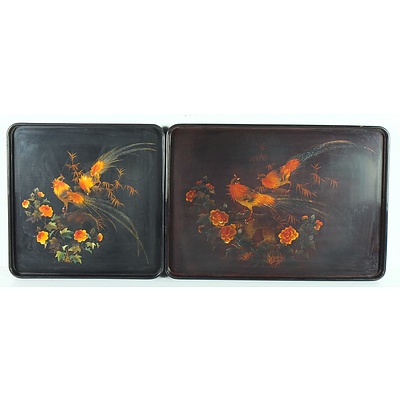Two Vietnamese Lacquer Decorated Trays with Cockerels