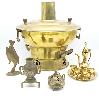 Collection of Eastern Brassware Including Cooking Pot, Small Chinese Censor and More