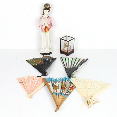Collection of Eastern Fans, A Set of Chinese Themed Placemats and Silk Doll