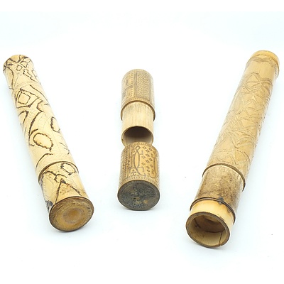Three Jarvenese Incised Bamboo Storage Containers and Three Korean Opium Pipes