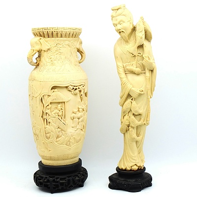 Chinese Resin Fisherman Figure and Raised Relief Vase with Elephant Form Handles