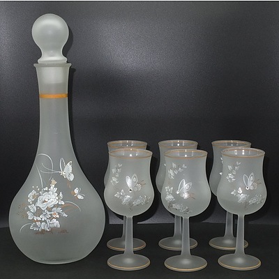 Decorato A Mano Seven Piece Frosted Glass Decanter Set - New