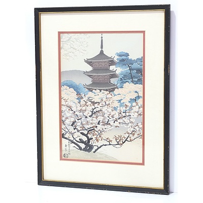 Tobei Kamei Tobei (Japanese 1901-1977) Daigo Pagoda Woodblock, 20th Century