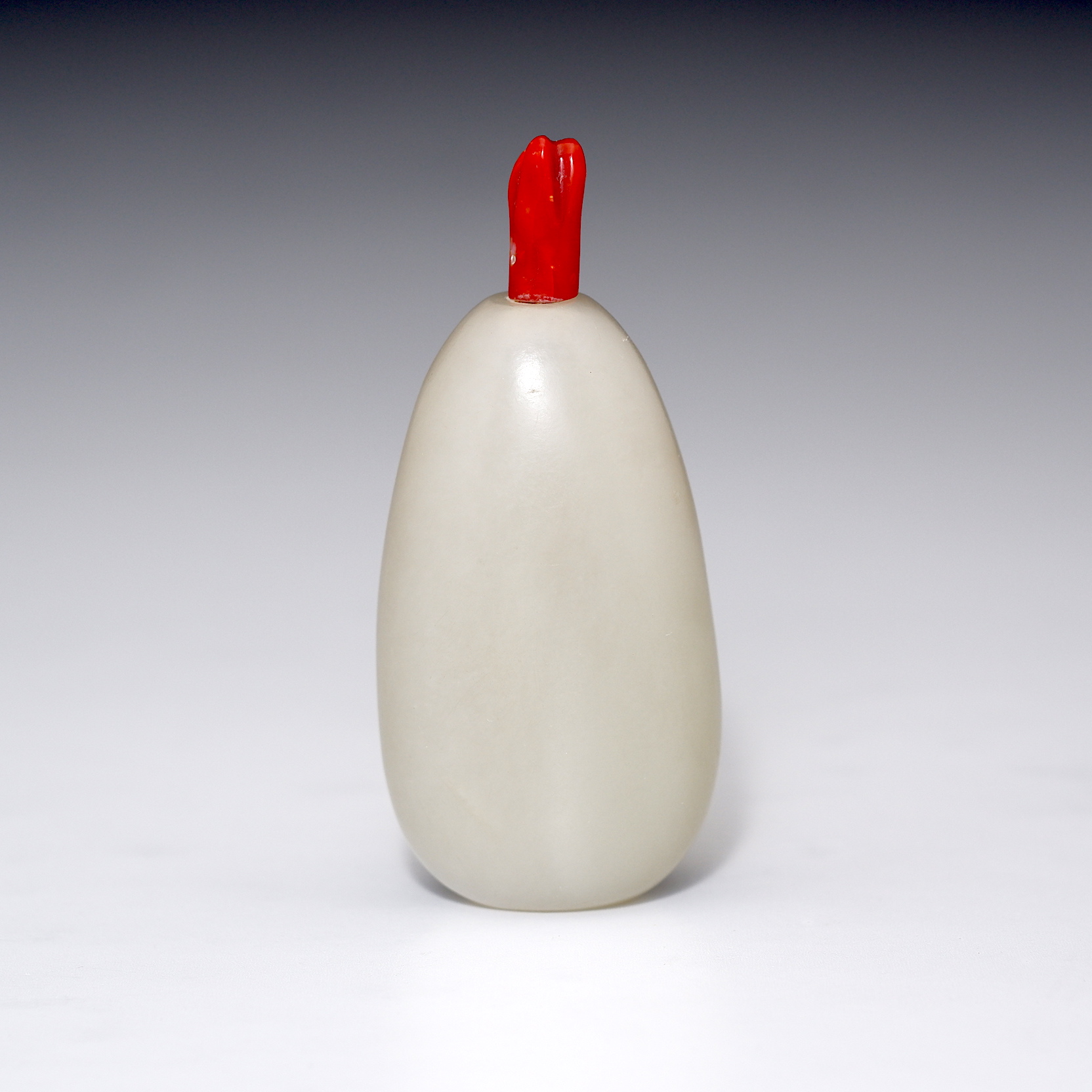 'Chinese White Jade Eggplant Shape Snuff Bottle with Pink Coral Stopper'