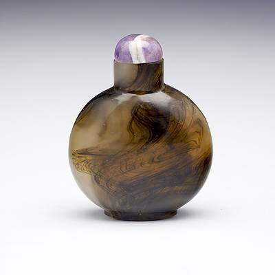 Chinese Agate Snuff Bottle with Amethyst Quartz Stopper