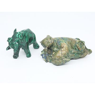 Carved Malachite Elephant Figure and Lapis Carving of a Lioness