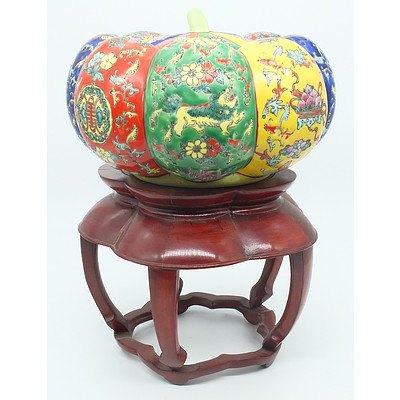 Reproduction Chinese Enamelled Porcelain Gourd Shape Lidded Dish with Stand