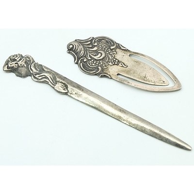 Art Nouveau Style Sterling Silver Letter Opener London 1983, and an American Wallace Sterling Page Marker