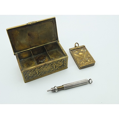 Art Nouveau Brass Vesta, Brass Stamp Box and a Silver Propelling Pencil