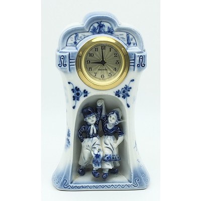 Blue and White Ceramic Clock with Dancing Children and German Movement