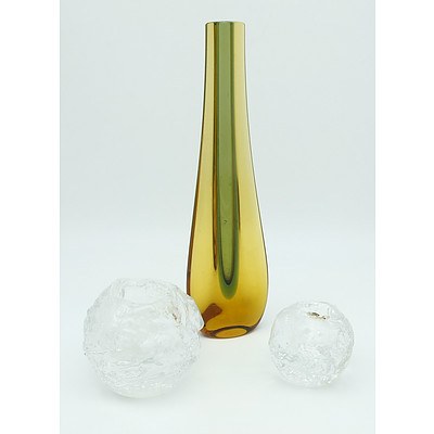 Two Textured Glass Candle Holders and an Yellow Sommerso Art Glass Vase