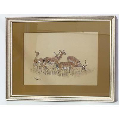 M. Kidner Grazing Stag and Deer Pastel on Paper