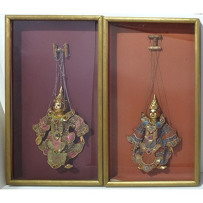 Two Framed South East Asian Bejwelled Carved Giltwood Marionette Puppets, Probably Thai