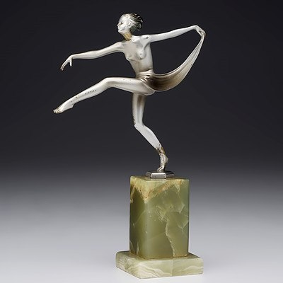 Josef Lorenzl (Austrian 1892-1950) Scarf Dancer, Art Deco Period Cold Painted Bronze with Onyx Socle Circa 1925-30