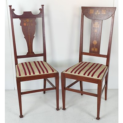 Two Antique Arts and Crafts Inlaid Mahogany Side Chairs
