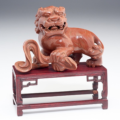 Chinese Carved Goldstone Buddhist Lion on Hardwood Stand 20th Century