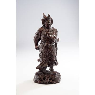 Chinese Carved Hardwood Figure of a Warrior